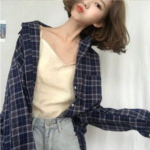 Dark Navy Blue Oversized Plaid Shirt